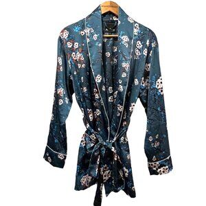 Sam Edelman Floral Satin Belted Smoking Jacket, Blue L